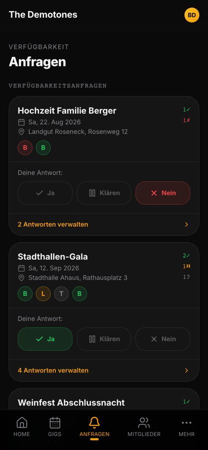 Bandycal Verfügbarkeits-Voting mit Ja, Klären, Nein pro Mitglied