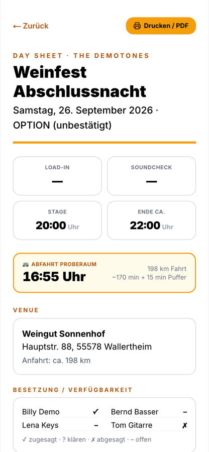 Bandycal Day Sheet mit Zeiten, Adresse und berechneter Abfahrtszeit