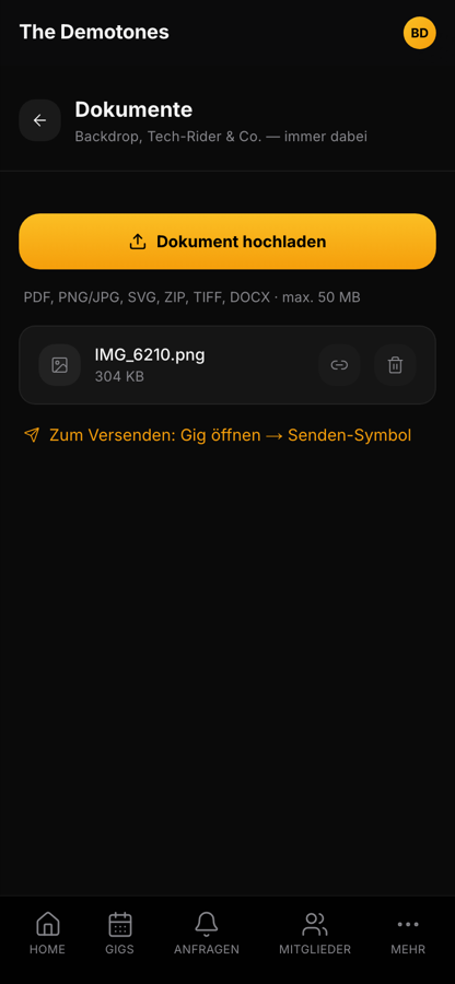 Bandycal Unterlagen-Bereich zum Hochladen und Versenden von Dokumenten