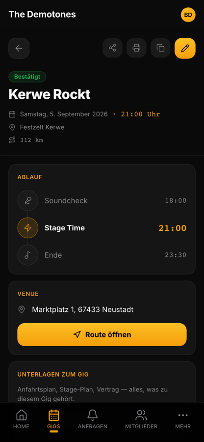 Bandycal Gig-Detail mit Datum, Ort, Entfernung, Ablauf-Zeiten und Route öffnen