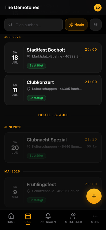 Bandycal Gig-Liste nach Monaten sortiert mit Suche und Heute-Button