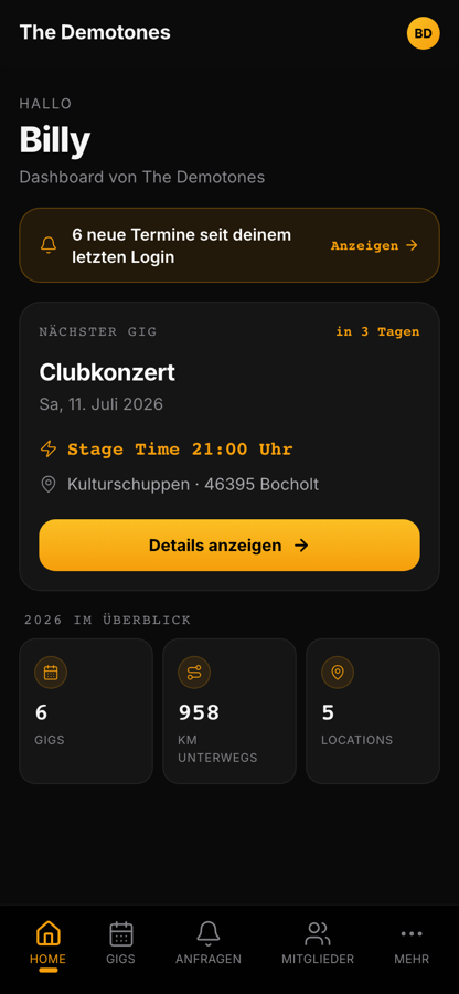 Bandycal Dashboard mit Begrüßung, nächstem Gig und Jahres-Statistiken