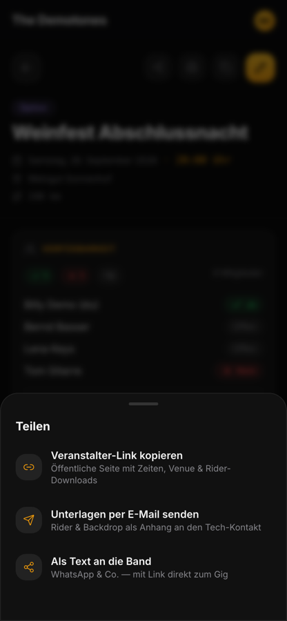 Bandycal Teilen-Sheet mit Veranstalter-Link, Unterlagen-Mail und Text an die Band