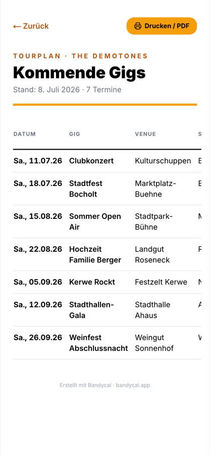 Bandycal Tourplan als Tabelle aller kommenden Gigs