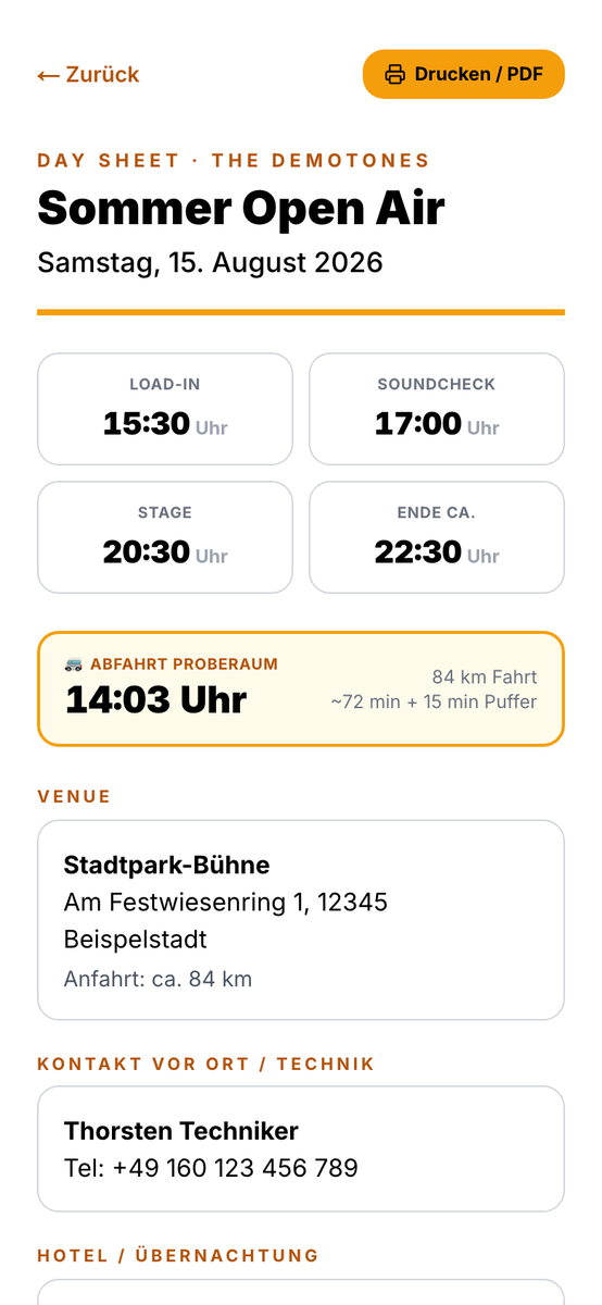 Bandycal Day Sheet mit berechneter Abfahrtszeit