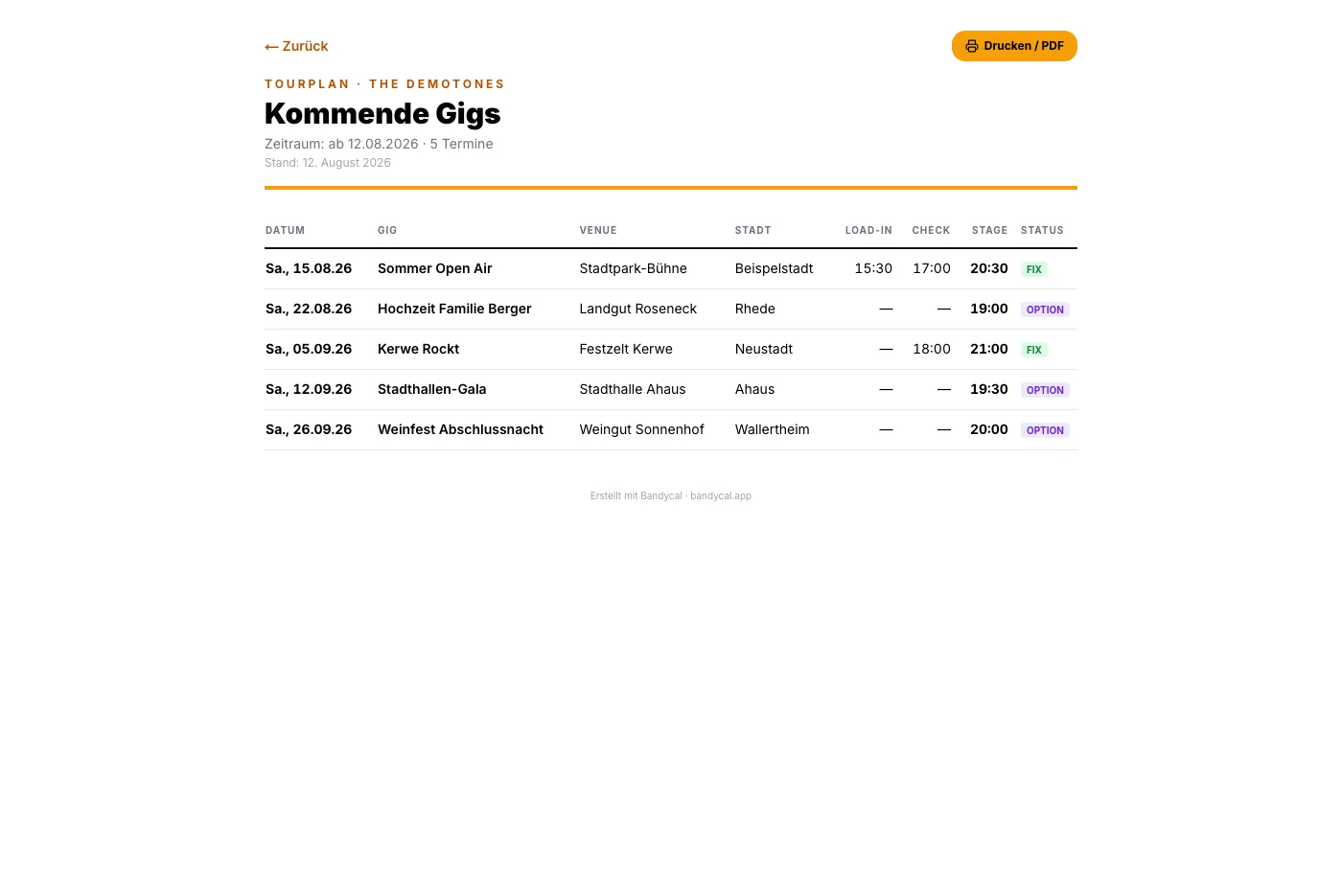 Tourplan in Bandycal: Tabelle mit allen kommenden Gigs — Datum, Gig, Venue, Stadt, Load-in, Soundcheck, Stage-Time und Status (Fix oder Option).
