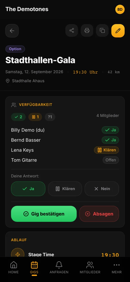 Verfügbarkeits-Abstimmung zu einem Gig in Bandycal: jedes Bandmitglied steht mit Ja, Klären oder Offen in der Liste, darunter die eigenen Antwort-Buttons.